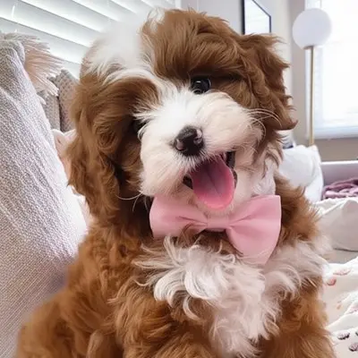 Original phone photo of a curly-coated puppy with a pink bow