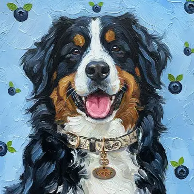 The finished portrait of the same Bernese, with blueberries