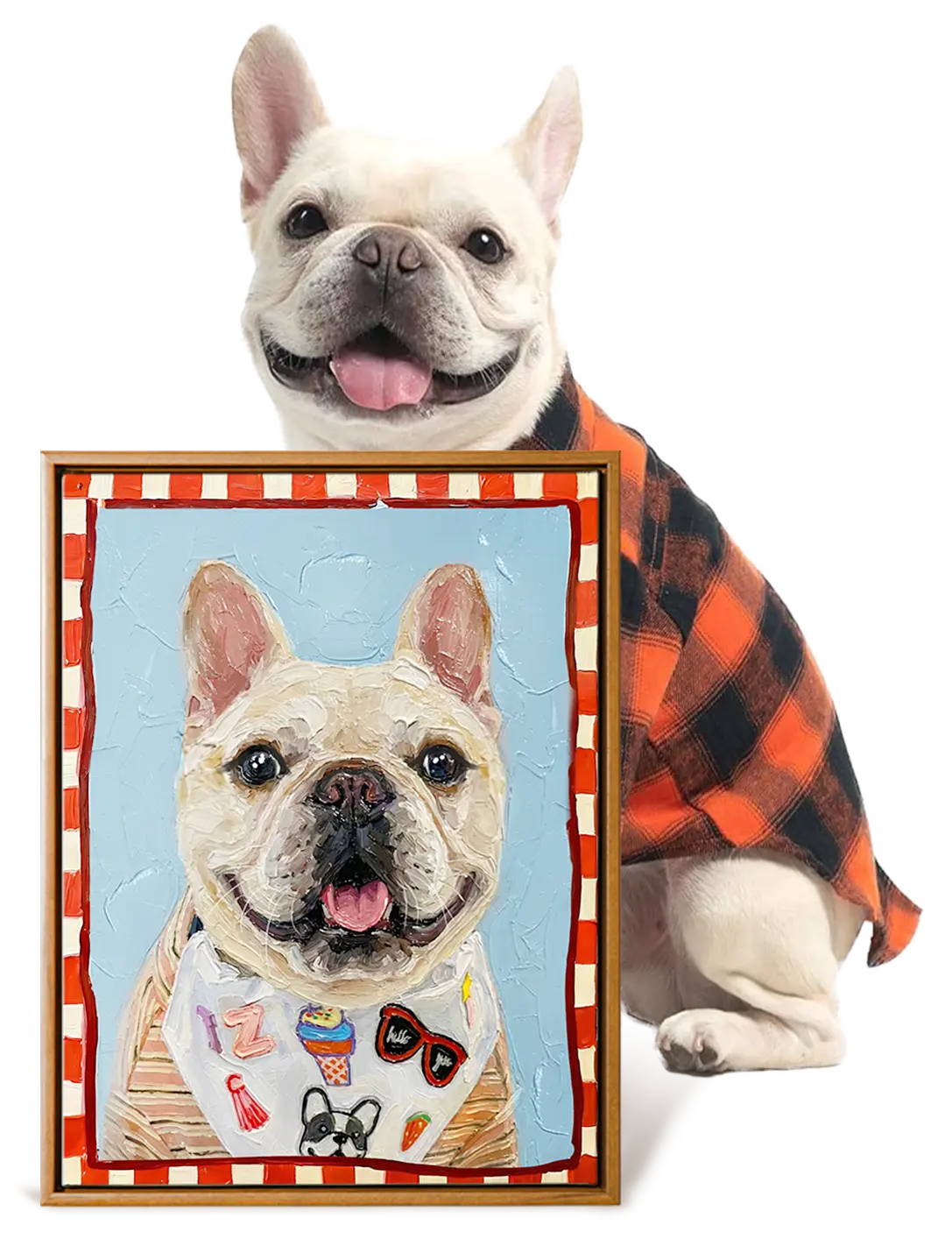 A French bulldog next to its custom portrait